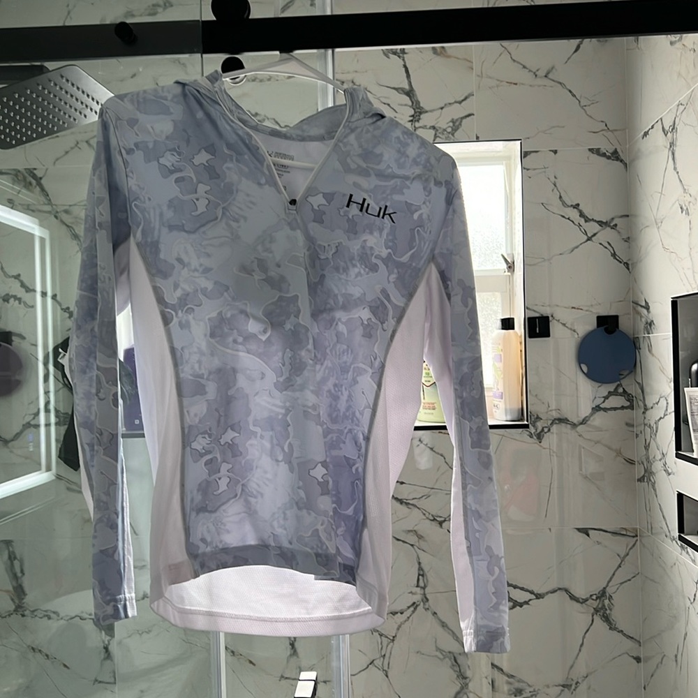 Huk Blue and White Fish Scale Fishing Tee